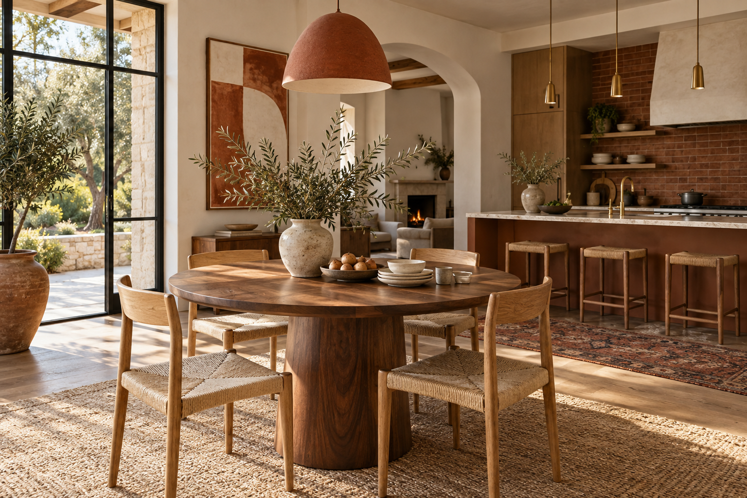 A bright wood dining table set for gathering