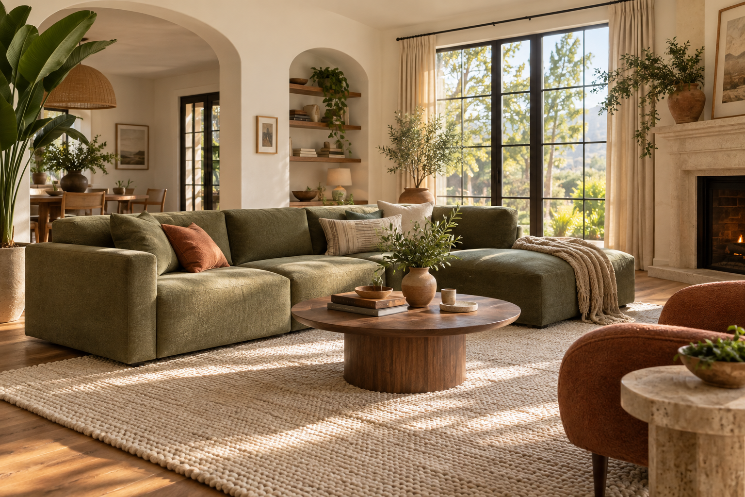 A sunlit room with a green sofa, warm wood and soft natural textures